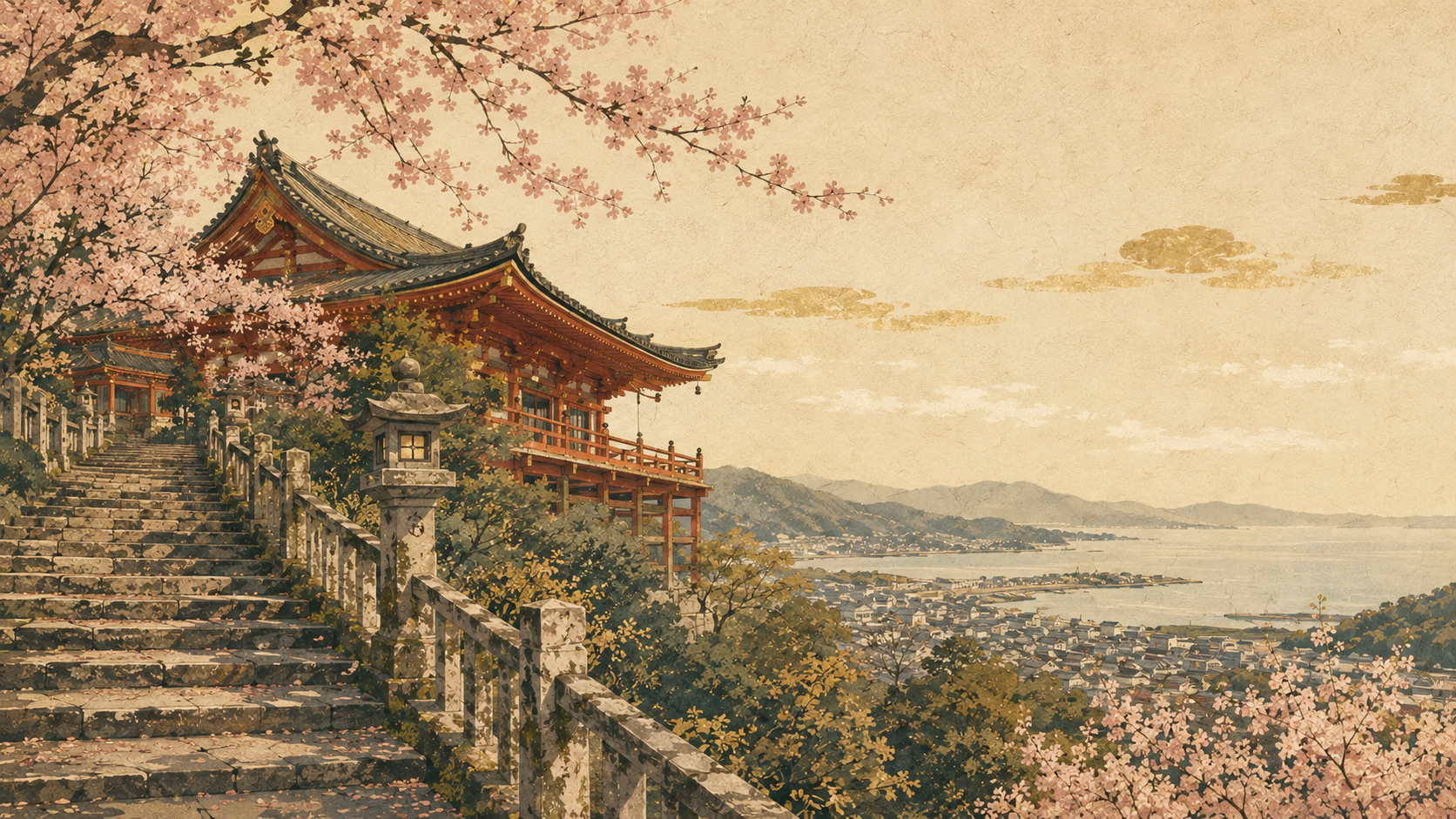 紀三井寺の参拝旅をイメージした、朱塗りの寺院建築と石段、桜、和歌の浦の景観を描いたオリジナルイメージ