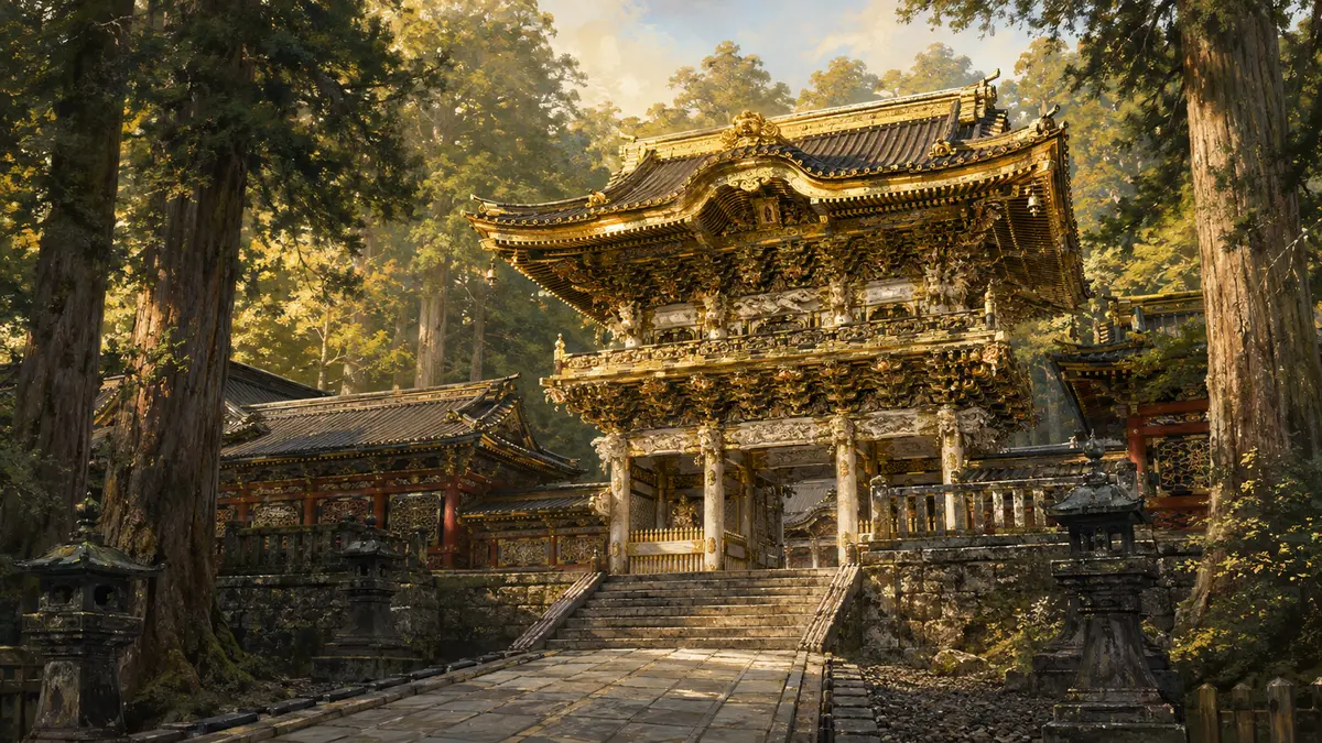 杉木立に囲まれた日光東照宮の陽明門を描いた旅イラスト