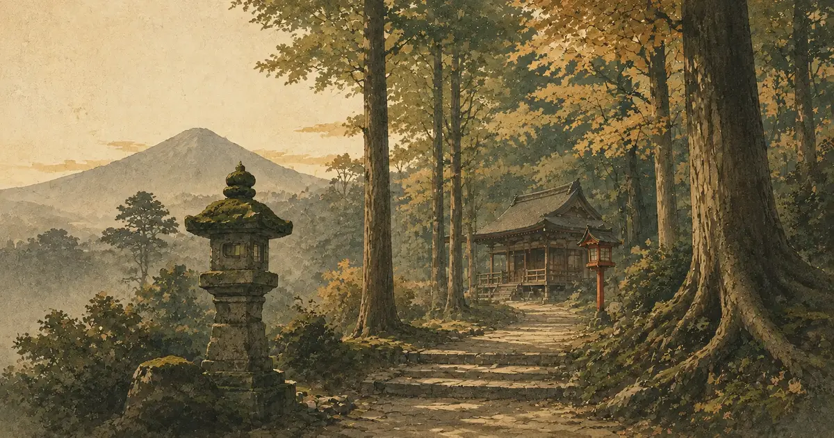 杉木立の参道と木造の拝殿、遠くの三輪山を描いた大神神社参拝のイメージイラスト