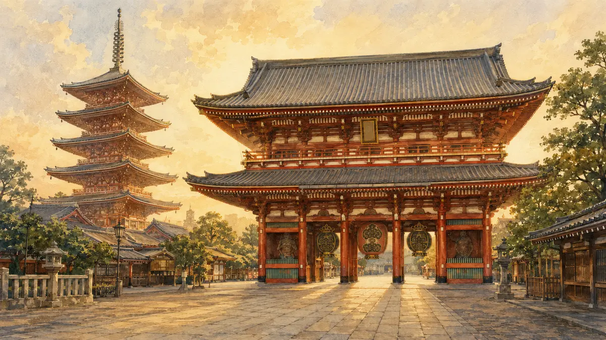 浅草寺の宝蔵門と五重塔を朝の光で描いた旅イラスト