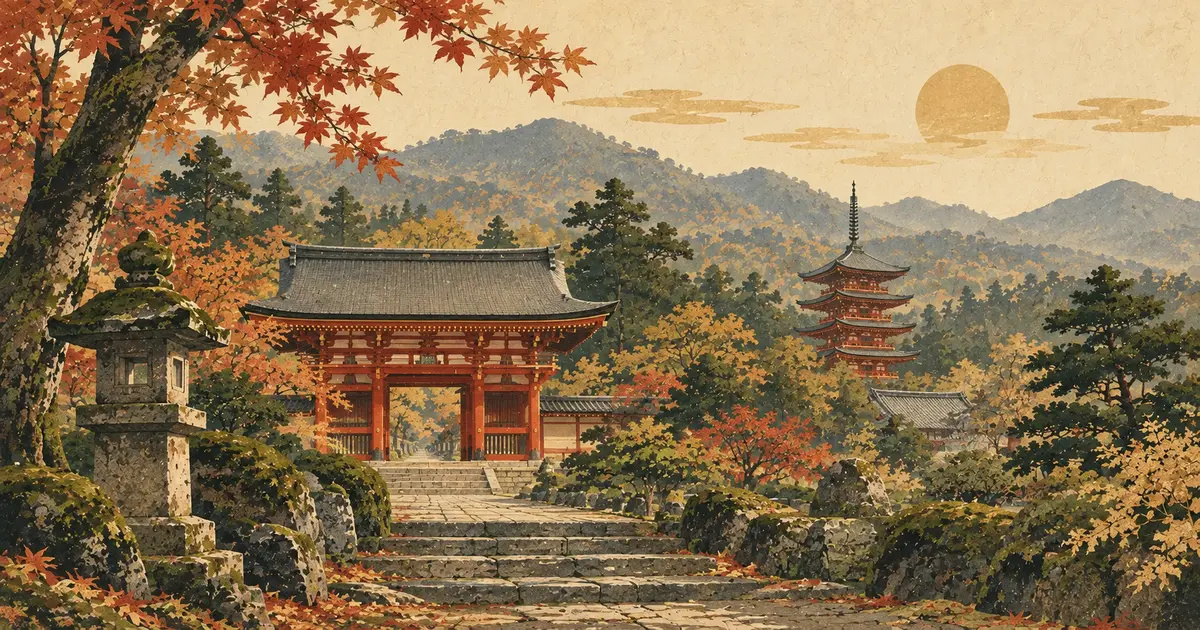 紅葉の石畳と朱色の門、木立の奥の五重塔、醍醐山を描いた醍醐寺拝観のイメージイラスト