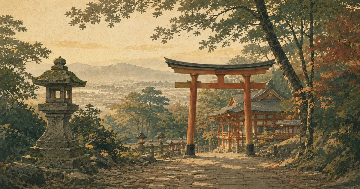 男山の木々に囲まれた石段と朱色の鳥居、社殿、遠景を描いた石清水八幡宮参拝のイメージイラスト