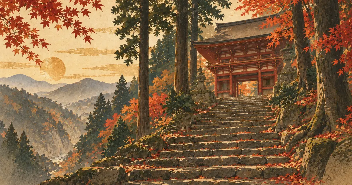 紅葉の山林に続く長い石段と山門、錦雲渓の山並みを描いた神護寺参拝のイメージイラスト