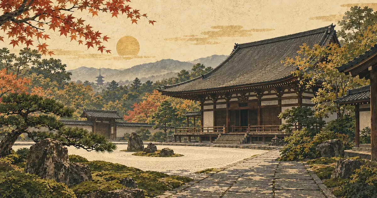 初秋の楓と白砂の庭、瓦屋根の禅堂風建物を描いた建仁寺参拝のイメージイラスト
