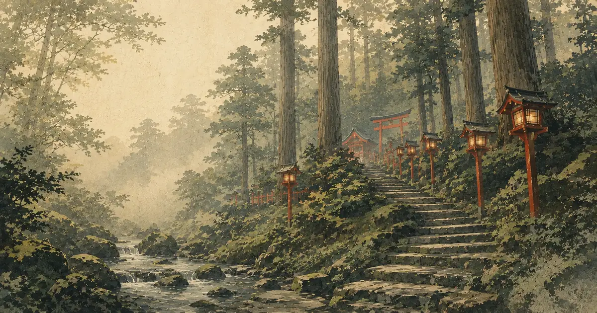 杉木立と清流に沿う石段、朱色の灯籠と社を描いた貴船神社参拝のイメージイラスト