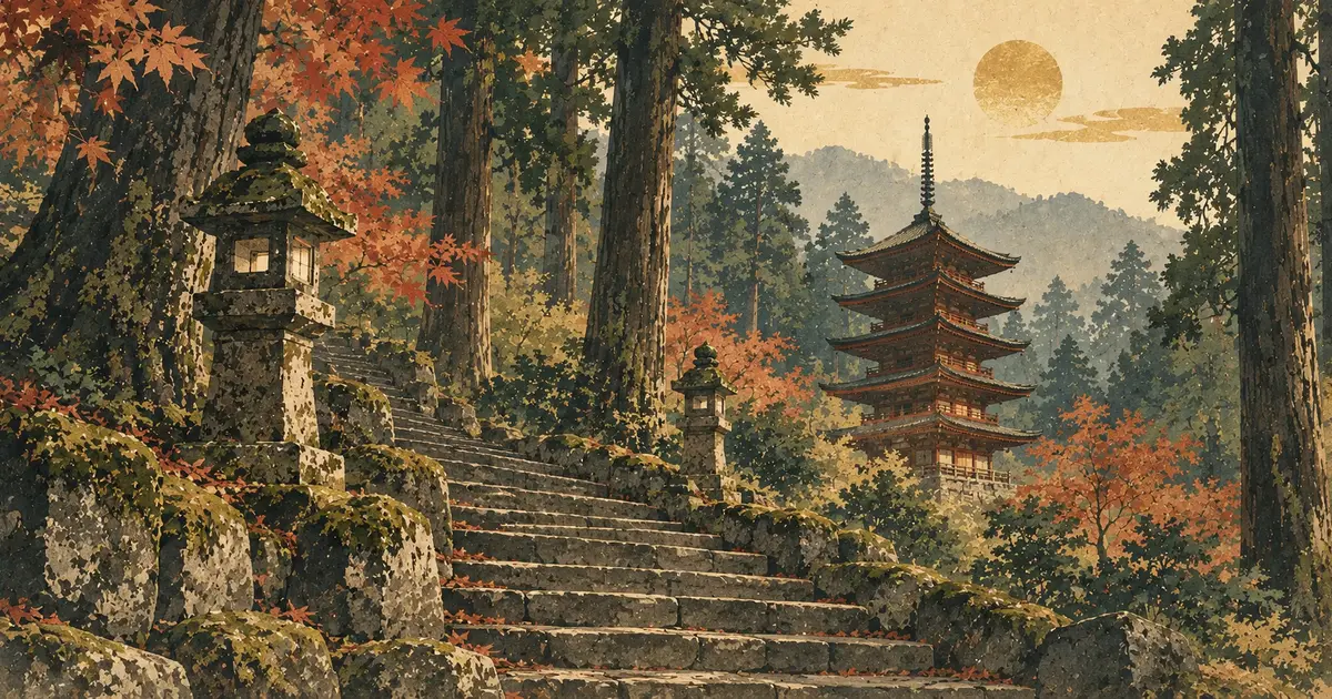 杉木立と石段、小さな五重塔を落ち着いた秋色で描いた室生寺参拝のイメージイラスト