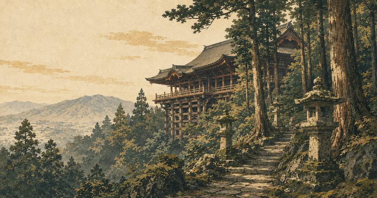 深い杉木立の石段と山腹に張り出す木造堂宇を描いた、書寫山圓教寺参拝のイメージイラスト