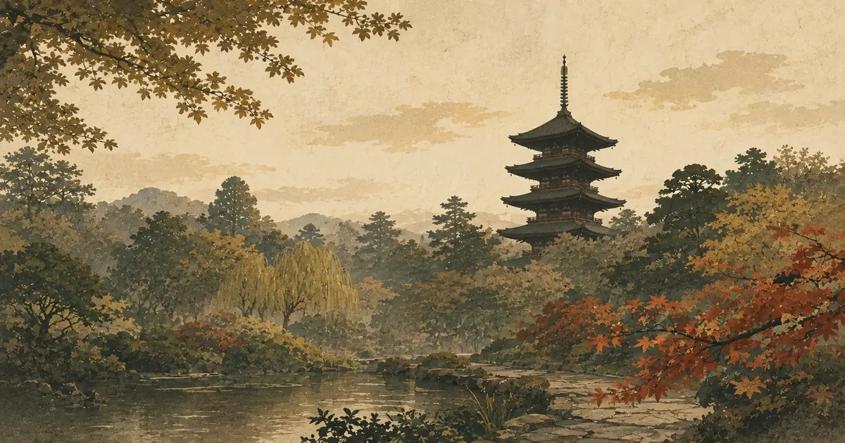 色づき始めた木々と池越しに五重塔を望む、和紙と木版画調で描いた東寺参拝のイメージイラスト