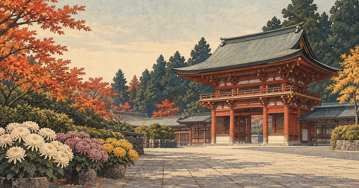 落ち着いた朱色の楼門と石畳の参道、淡い菊の花を描いた笠間稲荷神社参拝のイメージイラスト