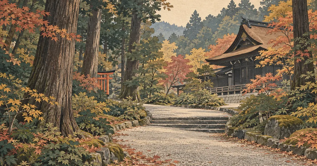 秋の森と砂利の参道、石段と黒い社殿を描いた香取神宮参拝のイメージイラスト