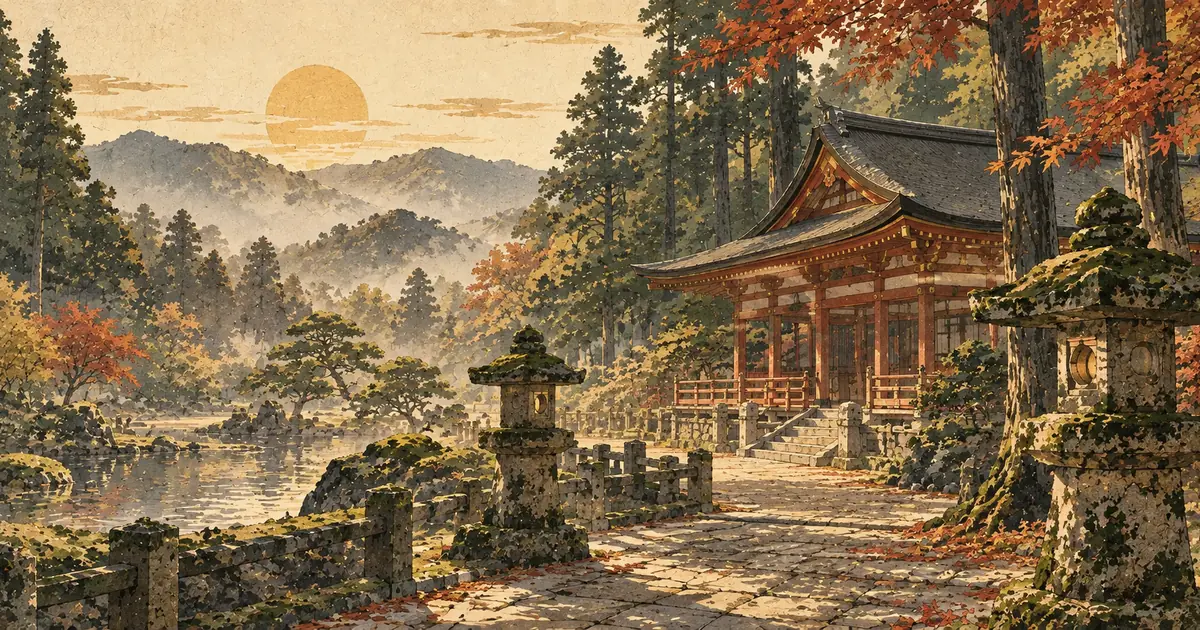 秋の美杉の山並みを背景に、杉林の社殿、苔むした石灯籠、池泉庭園を描いた北畠神社参拝のイメージイラスト