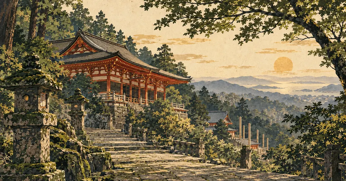 朝熊山の常緑樹に包まれた石段と朱色の堂宇、伊勢志摩の遠景を描いた朝熊岳金剛證寺参拝のイメージイラスト