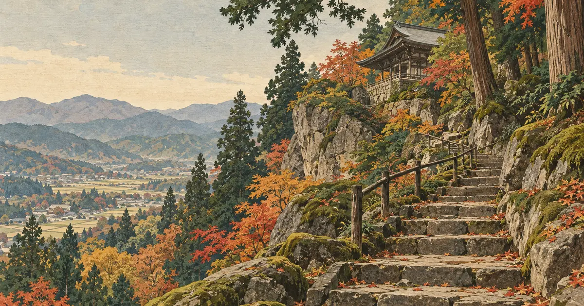 岩山の石段と木造の堂宇、秋の谷を描いた立石寺（山寺）参拝のイメージイラスト
