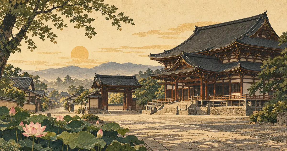 蓮の花と石畳の先に大屋根の堂宇と一身田の町並みを描いた高田本山専修寺参拝のイメージイラスト