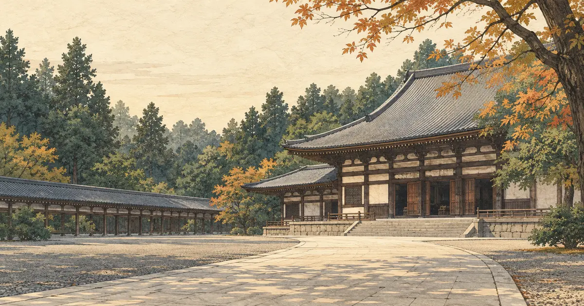 秋の木々と石畳の参道、堂宇と長い回廊を描いた横浜・總持寺参拝のイメージイラスト