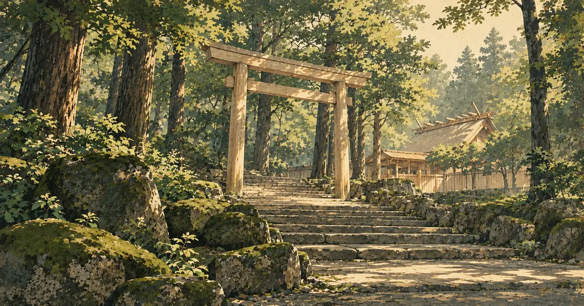 初夏の木漏れ日の中、自然石の石段と木の鳥居、森に包まれた社殿を描いた倭姫宮参拝のイメージイラスト
